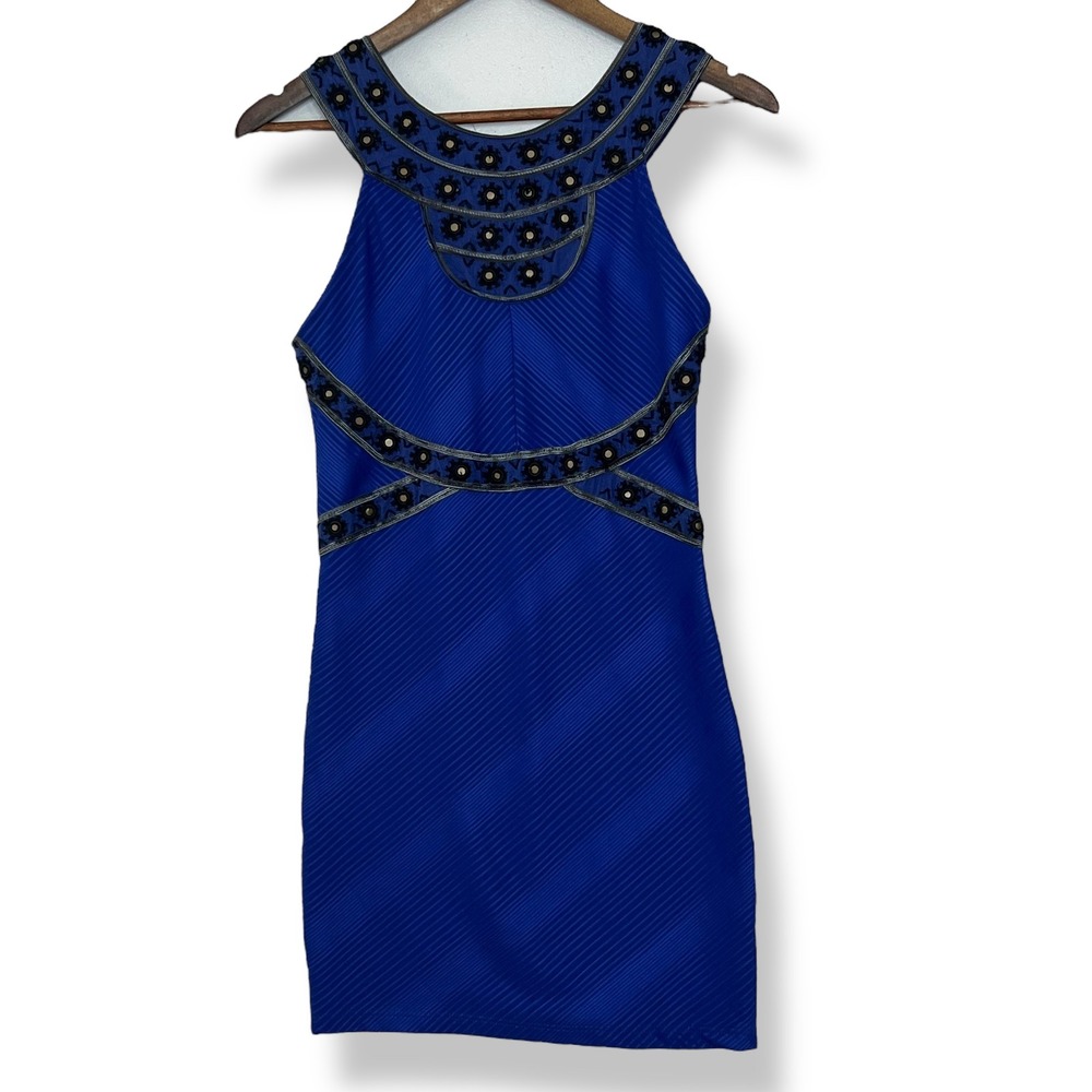 Free People Mini Dress XS Blue Embroidered Nefertiti Texture Boho Halter Bodycon
